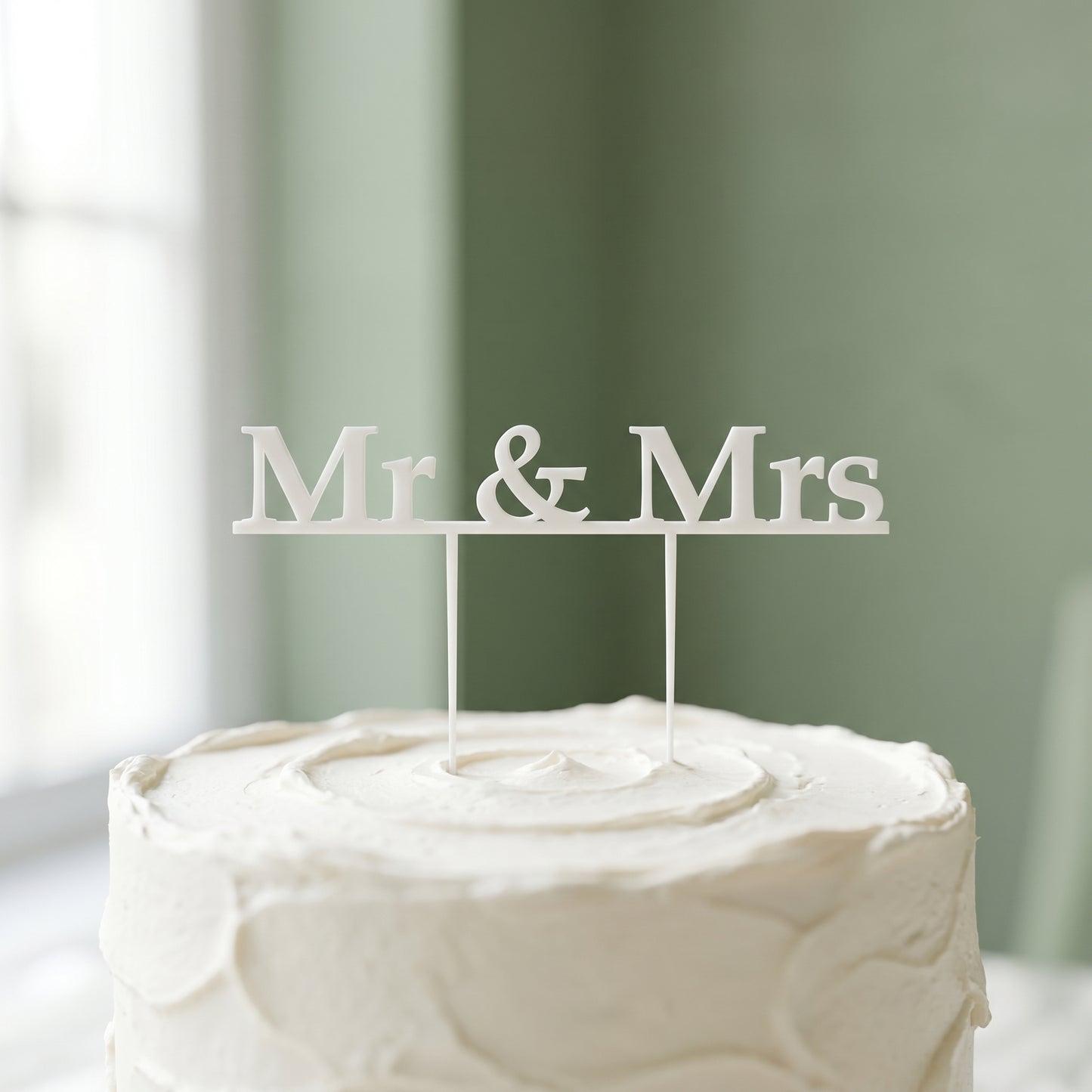 Mr and Mrs white cake topper standing on a frosted wedding cake
