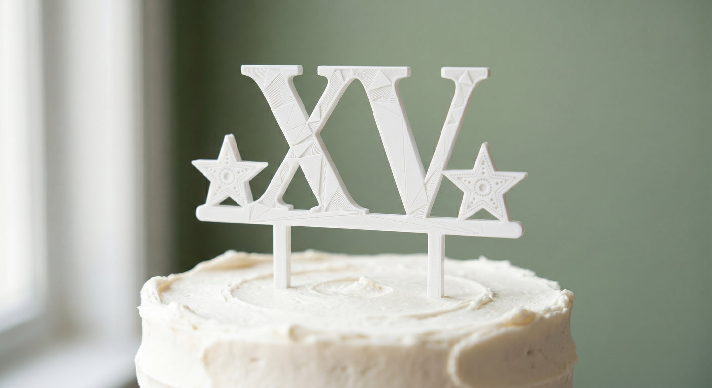 XV quinceañera white cake topper with stars standing on a frosted cake
