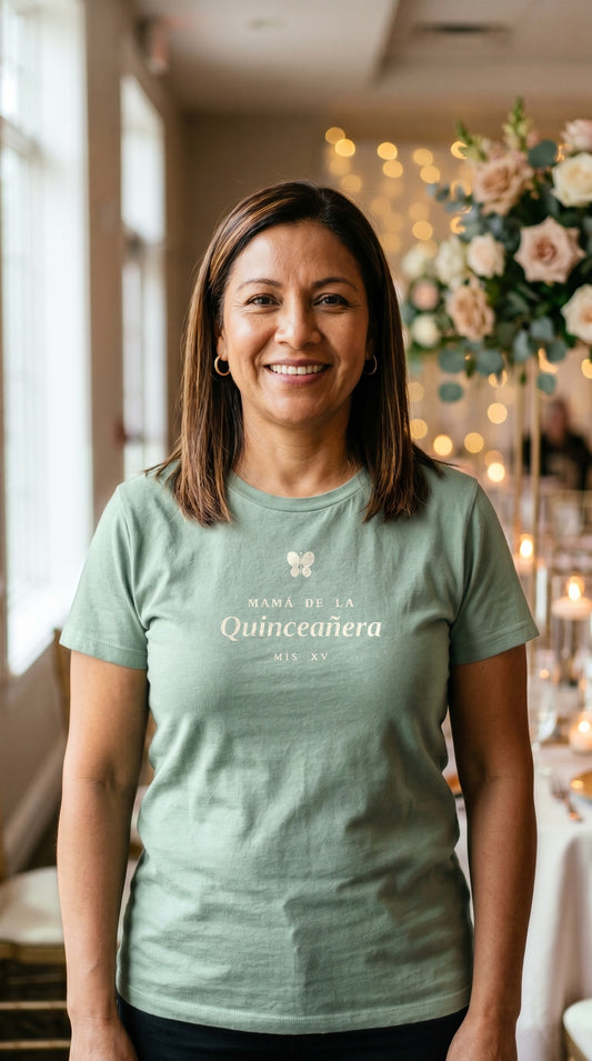 Mamá de la Quinceañera Shirt | Cream on Grey-Green | Quinceañera Gift for Mom