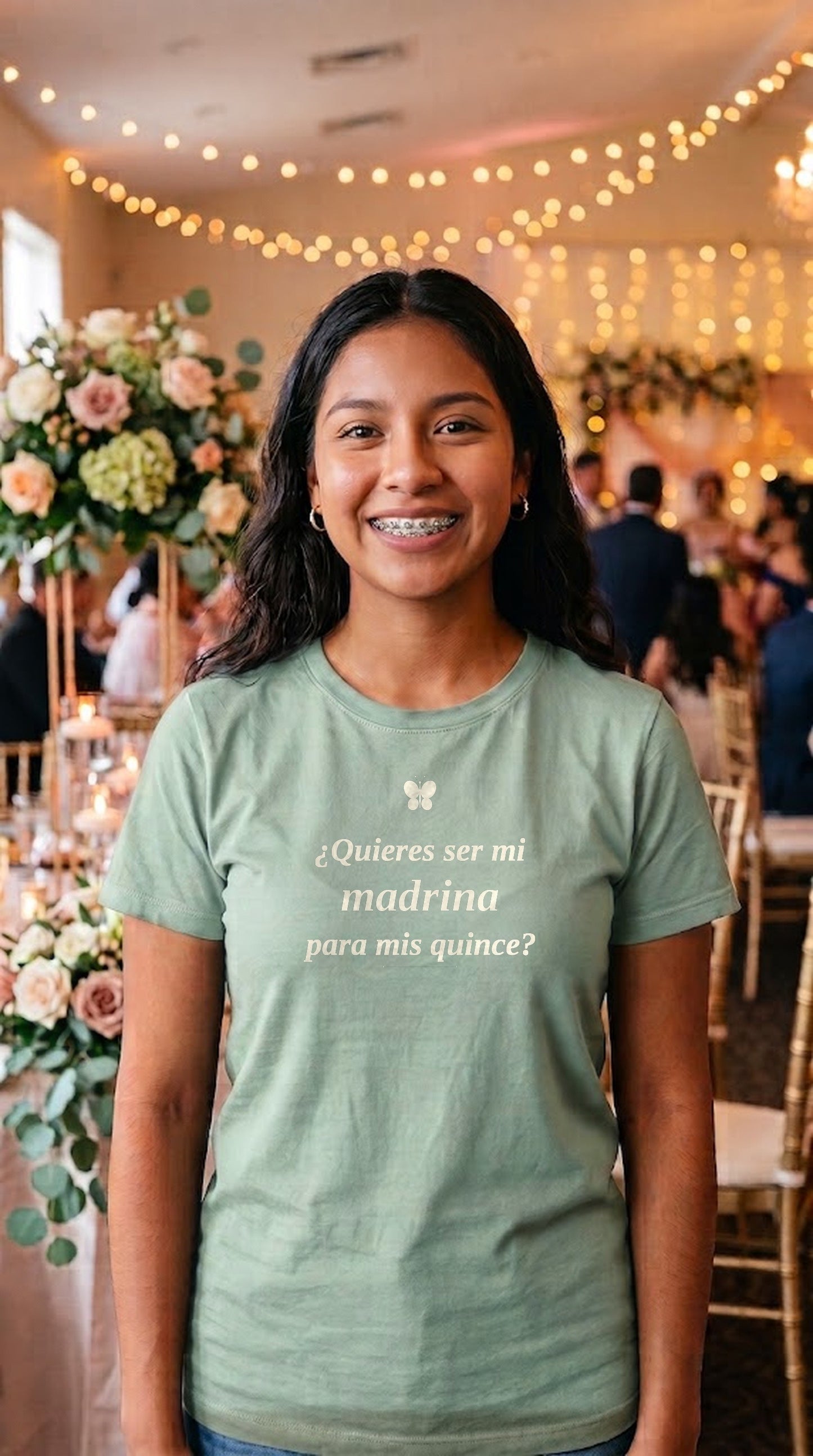 ¿Quieres Ser Mi Madrina? Quinceañera Proposal Shirt | Cream on Grey-Green