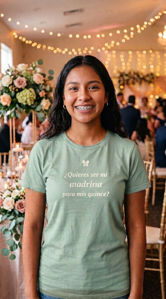 ¿Quieres Ser Mi Madrina? Quinceañera Proposal Shirt | Cream on Grey-Green